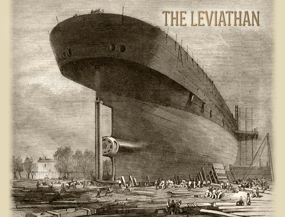 Etching of the Leviathan during construction; the civil war steamship also known as the Great Eastern.